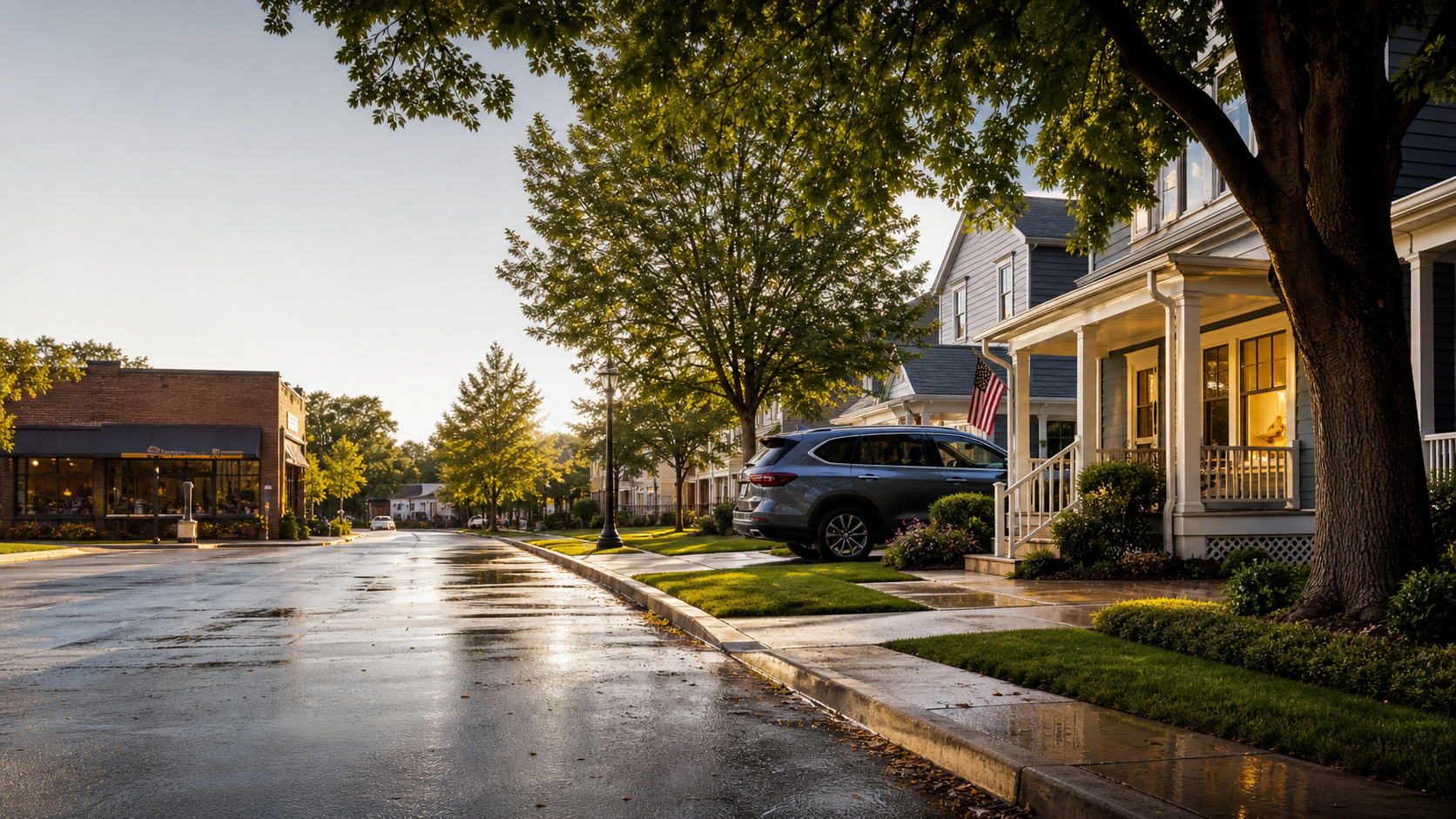 A modern neighborhood with a home, vehicle, and storefront